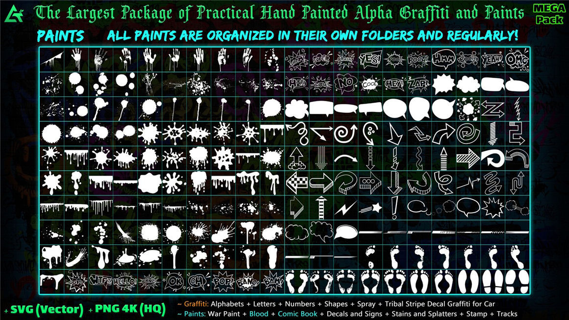 ARTSTATION 1850个嘻哈创意4K手绘字母数字形状喷雾涂鸦油漆贴花元素包 1850 Hand Painted Alpha Graffiti, Paints &#038; Decals (MEGA Pack) - Vol 12（6984） -