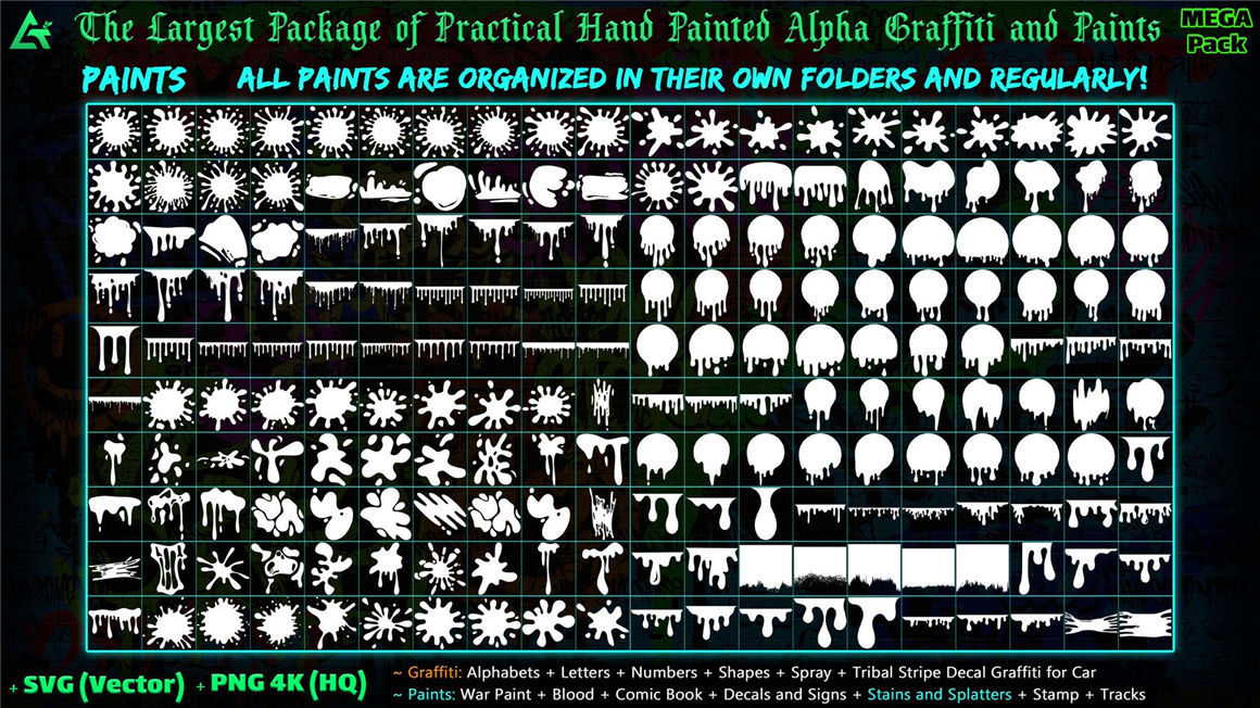 ARTSTATION 1850个嘻哈创意4K手绘字母数字形状喷雾涂鸦油漆贴花元素包 1850 Hand Painted Alpha Graffiti, Paints &#038; Decals (MEGA Pack) - Vol 12（6984） -