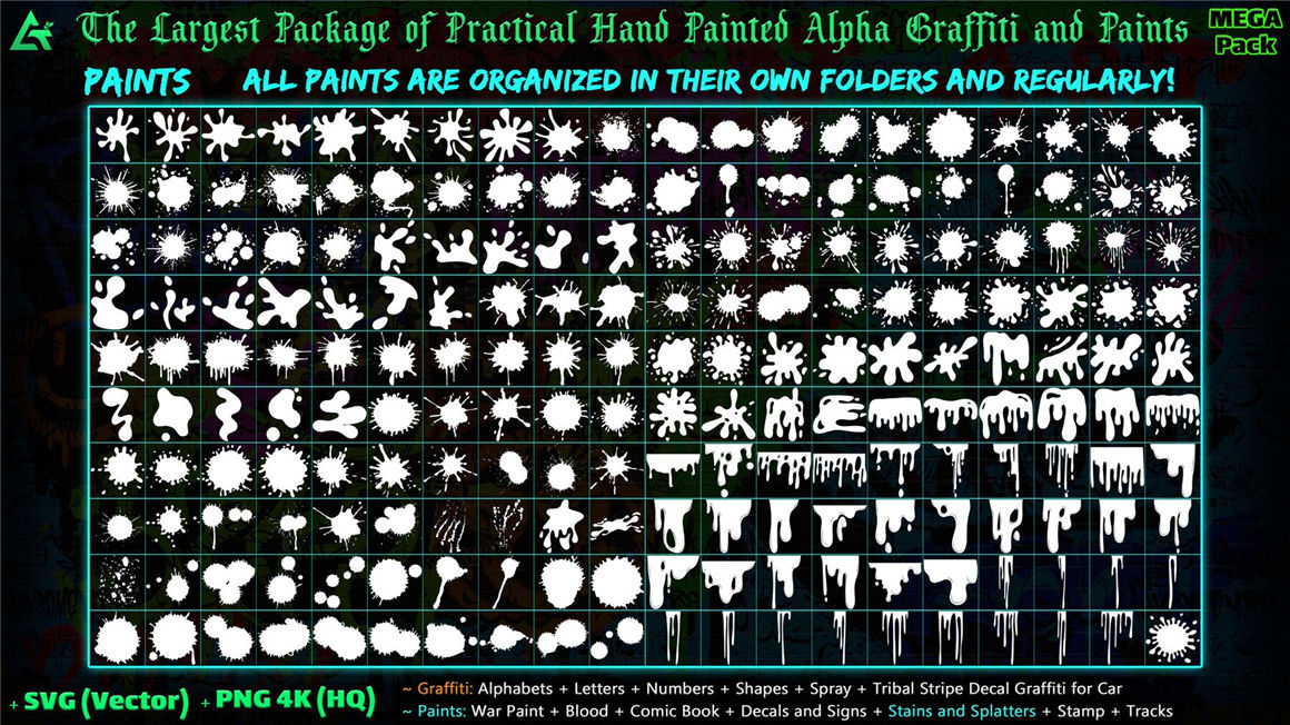 ARTSTATION 1850个嘻哈创意4K手绘字母数字形状喷雾涂鸦油漆贴花元素包 1850 Hand Painted Alpha Graffiti, Paints &#038; Decals (MEGA Pack) - Vol 12（6984） -