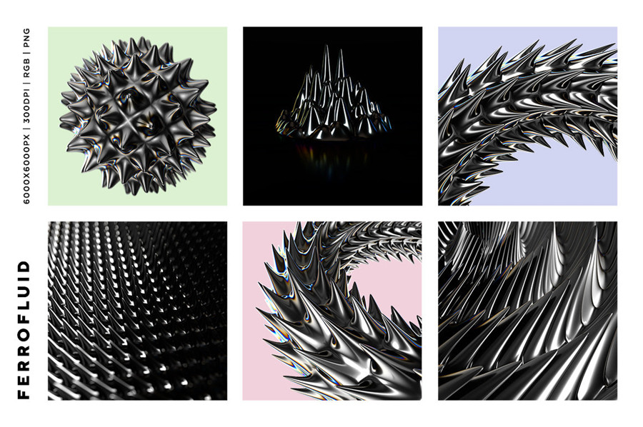 RuleByArt 酸性未来科幻立体三维3D金属有机尖齿异形酸性设计风格PNG设计素材 Ferrofluid Abstract Textures（6962） -