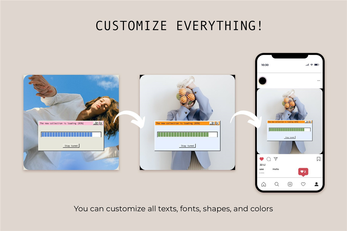 Bonumo 复古美学WIN95旧计算机窗口进度条提示页Instagra风格竖屏PSD模板  Retro Instagram Template（6336） -