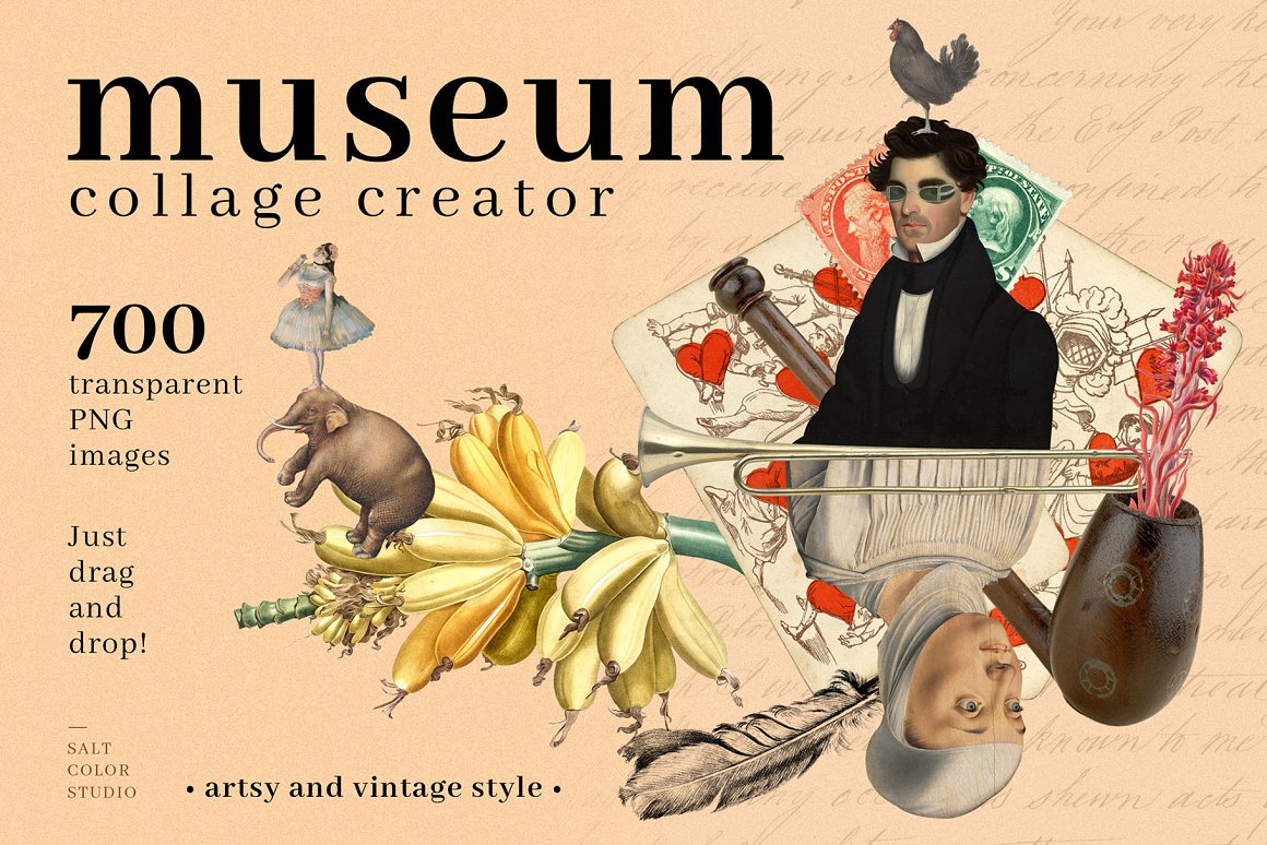 Salt Color Studio 复古人物风景雕塑建筑物博物馆拼贴艺术创作者PNG+场景包 Museum Collage Creator（6344） -