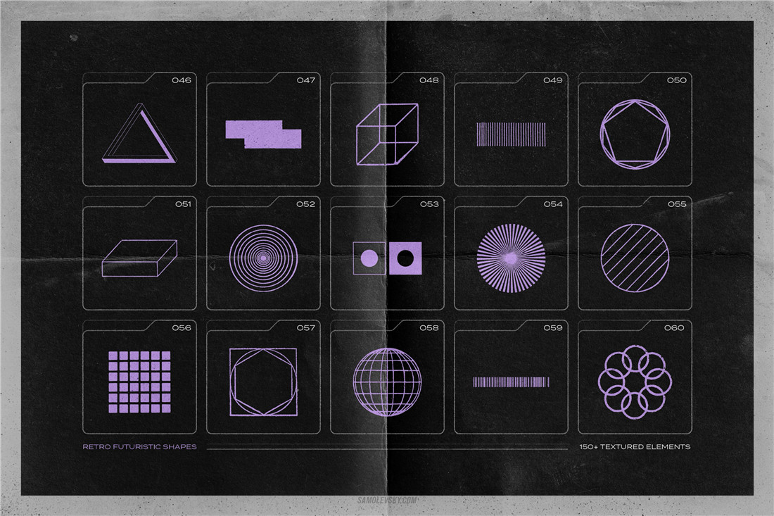 Samolevsky 150多种复古仿旧野蛮主义酸性图形几何矢量设计元素纹理形状包 150 Retro-futuristic textured shapes（6241） -