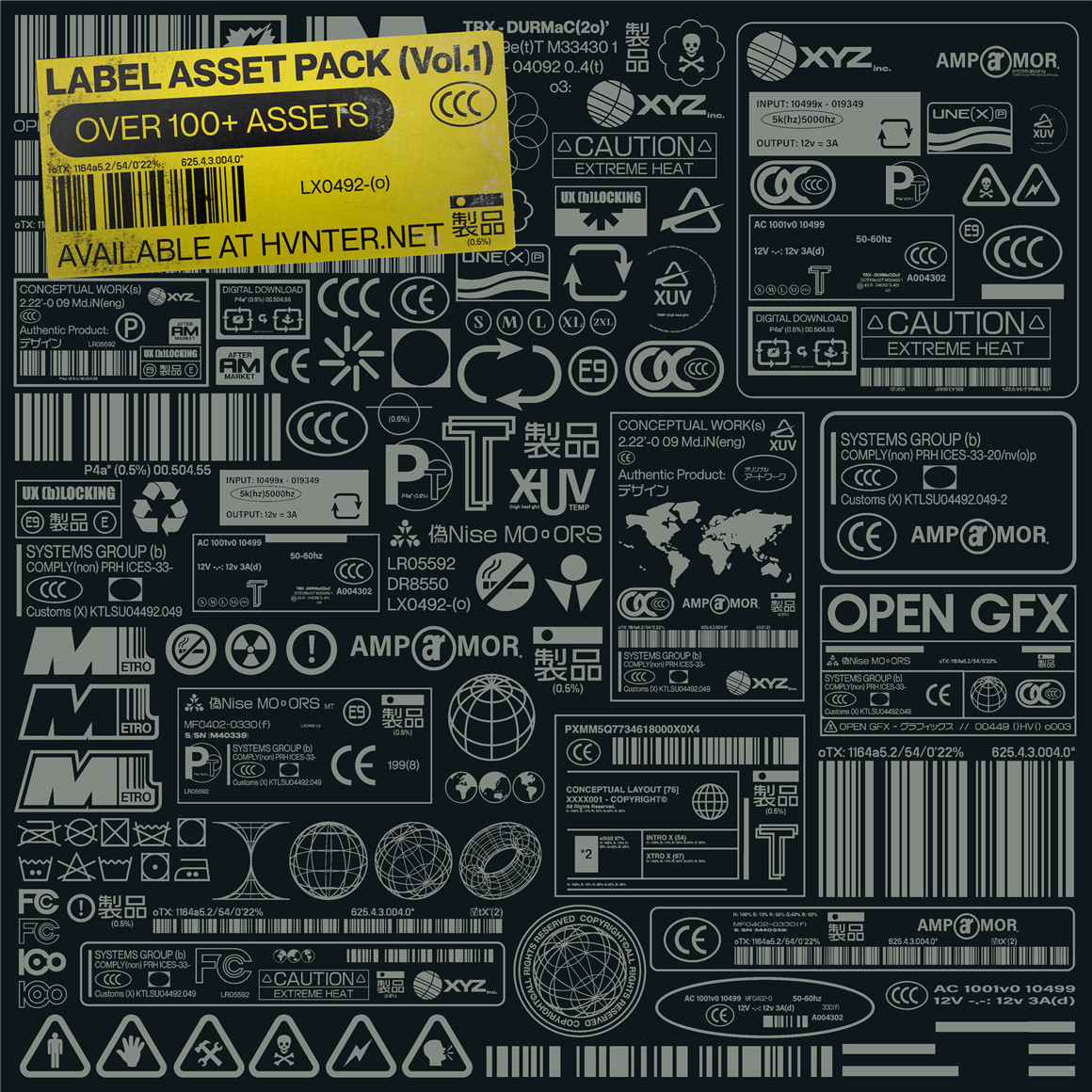 107个赛博朋克工业风格矢量标签印刷设计图标套件 Label Asset Pack Vol.1（7235） -