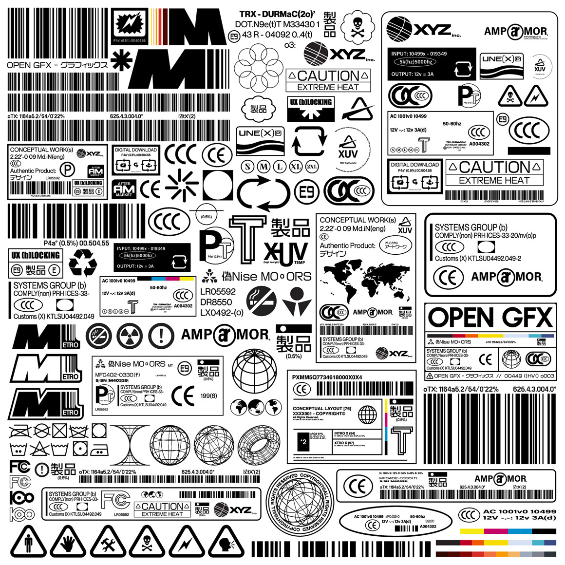 107个赛博朋克工业风格矢量标签印刷设计图标套件 Label Asset Pack Vol.1（7235） -