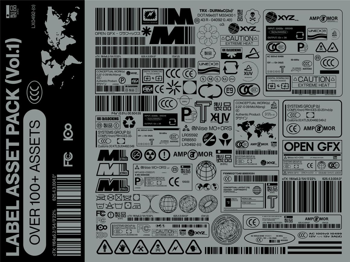 107个赛博朋克工业风格矢量标签印刷设计图标套件 Label Asset Pack Vol.1（7235） -