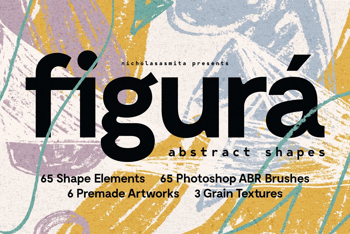 Figurá 75个抽象俏皮粗糙质感墨水画笔粉彩形状笔刷+背景纹理 75 Abstract Shapes + Brushes（7233） -