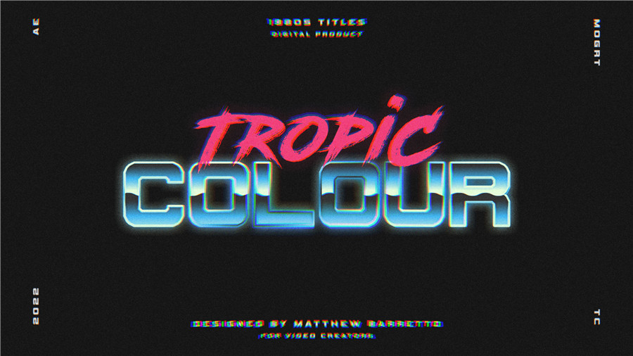 Tropic Colour 80年代复古创意金属渐变3D漫反射排版视觉效果标题工具包+VHS叠加视频素材 80&#039;S RETRO FILM TITLES -