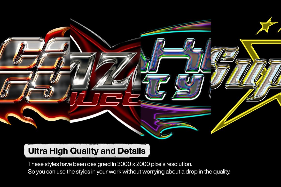 Hyperpix 10个复古Y2K金属质感3D镀铬文字LOGO标题PSD特效样机源文件 Y2K Chrome Text Effects（7709） -