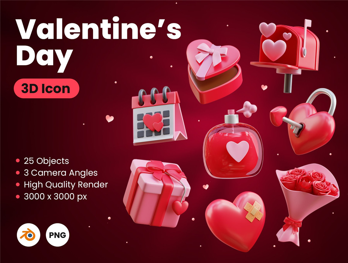 浪漫七夕情人节爱情爱心3D图标元素素材 Valentine&#039;s Day 3D Icon（7701） -