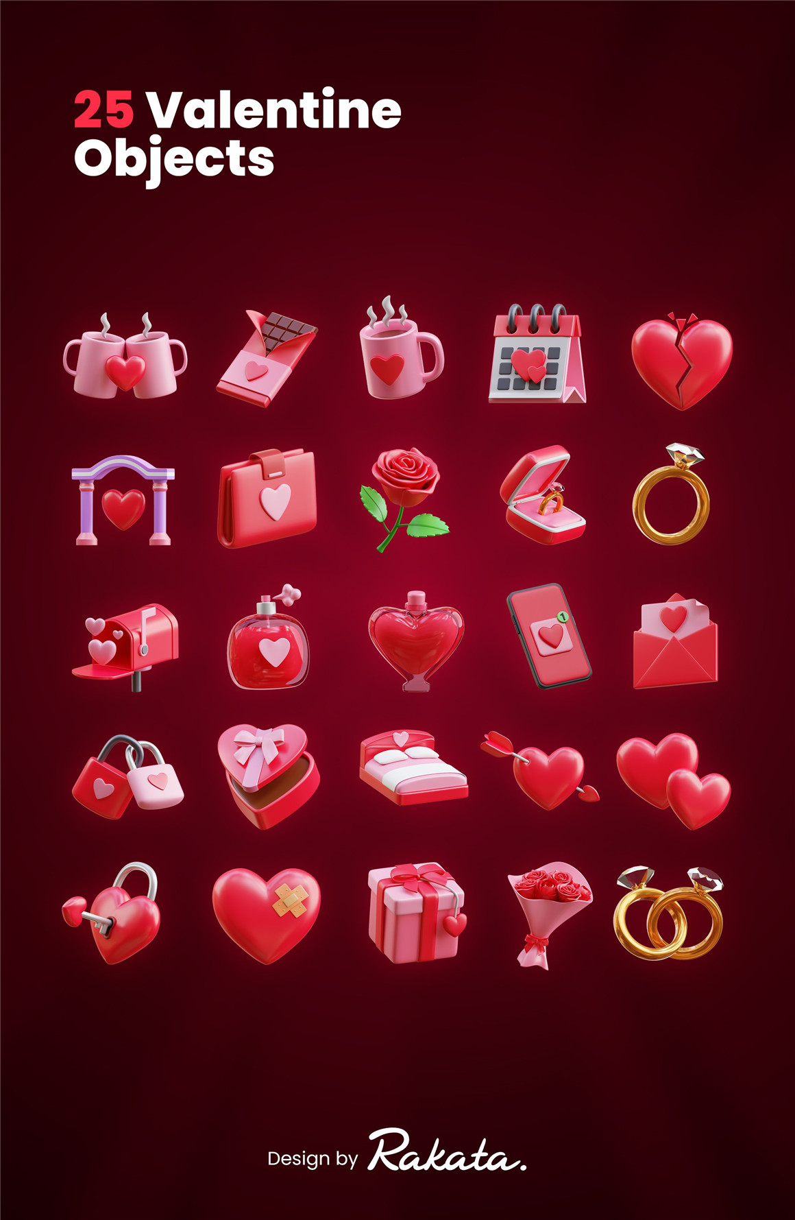 浪漫七夕情人节爱情爱心3D图标元素素材 Valentine&#039;s Day 3D Icon（7701） -