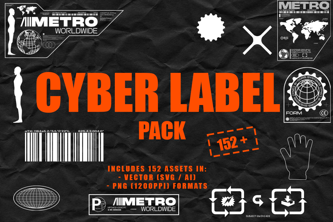 152个赛博朋克未来主义标签贴纸几何标注矢量设计素材 Cyber Label Pack by Hvnter（7632） -