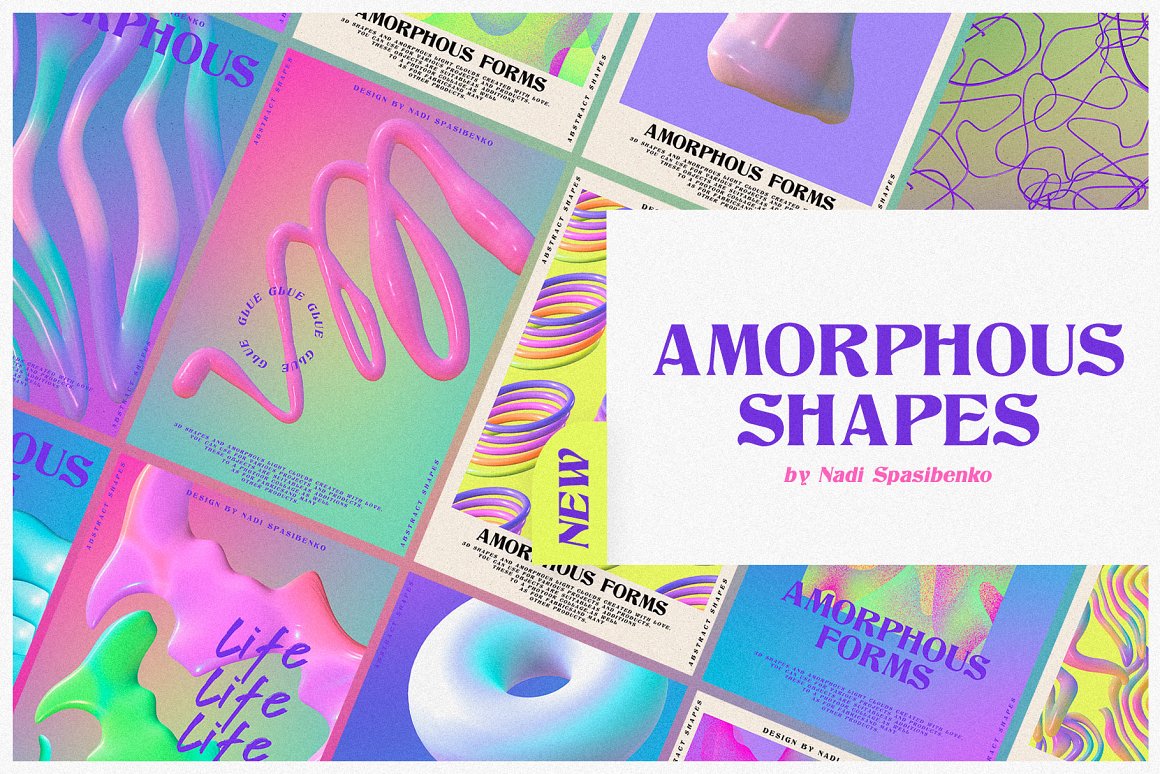 狂野风格3D多彩渐变螺旋线状星星扭曲形状海报封面背景素材 Amorphous Shapes（7614） -