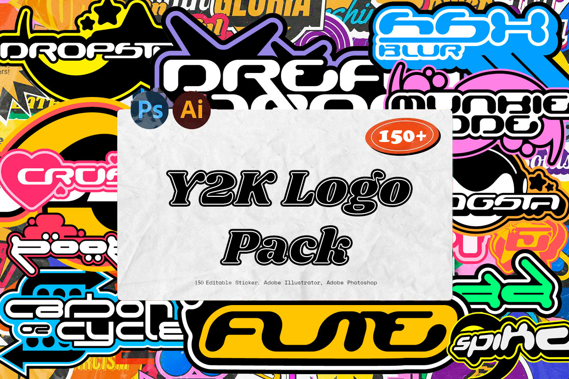 150多个复古千禧年Y2K风格彩色LOGO图标标签贴纸形状资产包 Y2k Logo Pack（7629） -