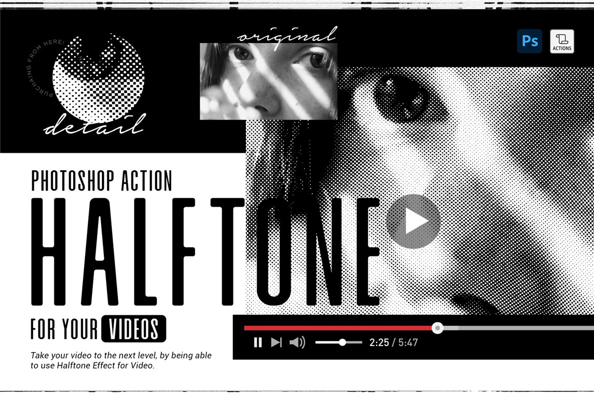 PS动作：复古逼真有机半色调打印效果视频素材PS动作 Halftone Action for Videos（7581） -