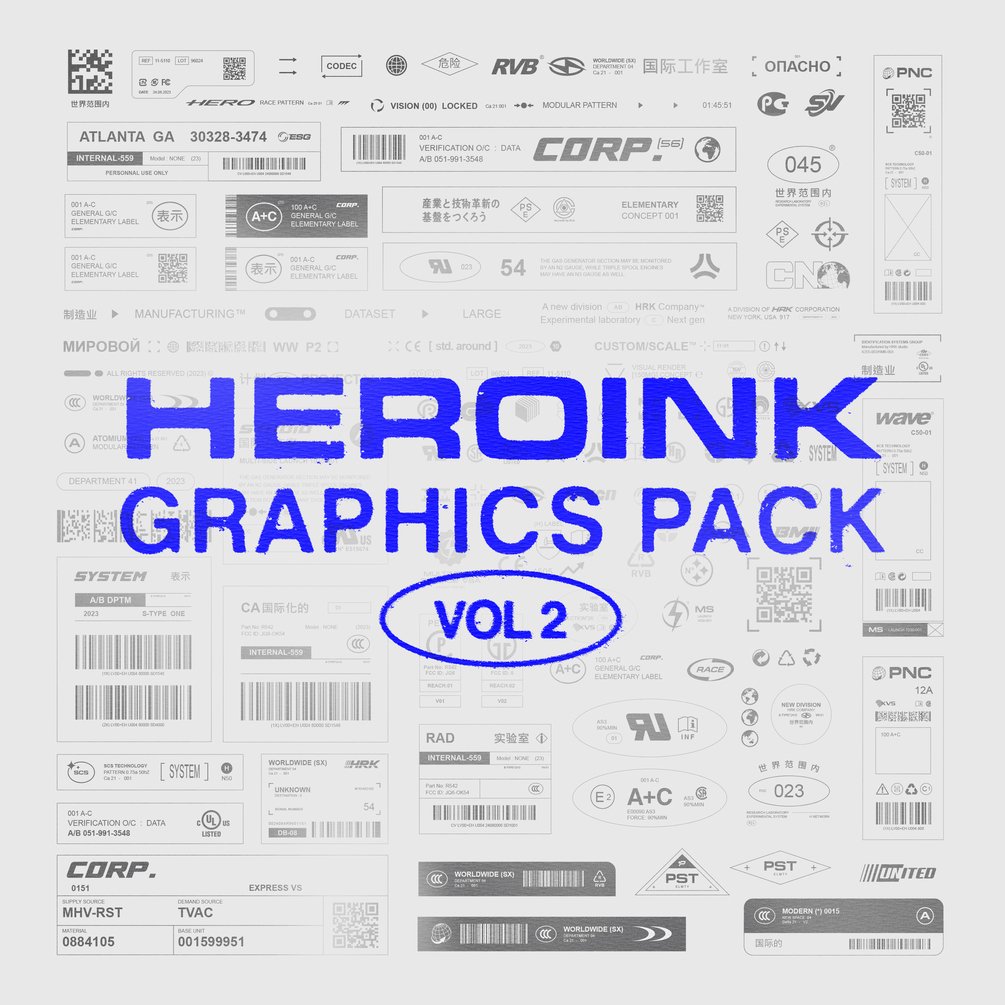 赛博朋克创意酸性几何线框图标二维码警示标注矢量素材包 HEROINK GRAPHICS PACK (VOL.2)（7554） -