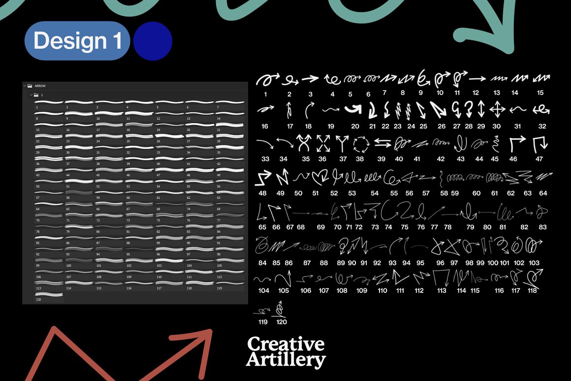 335款箭头飞箭涂鸦线条毛笔笔刷艺术绘画效果PS笔刷+PNG免抠图设计素材套装 Arrows Brush（7556） -