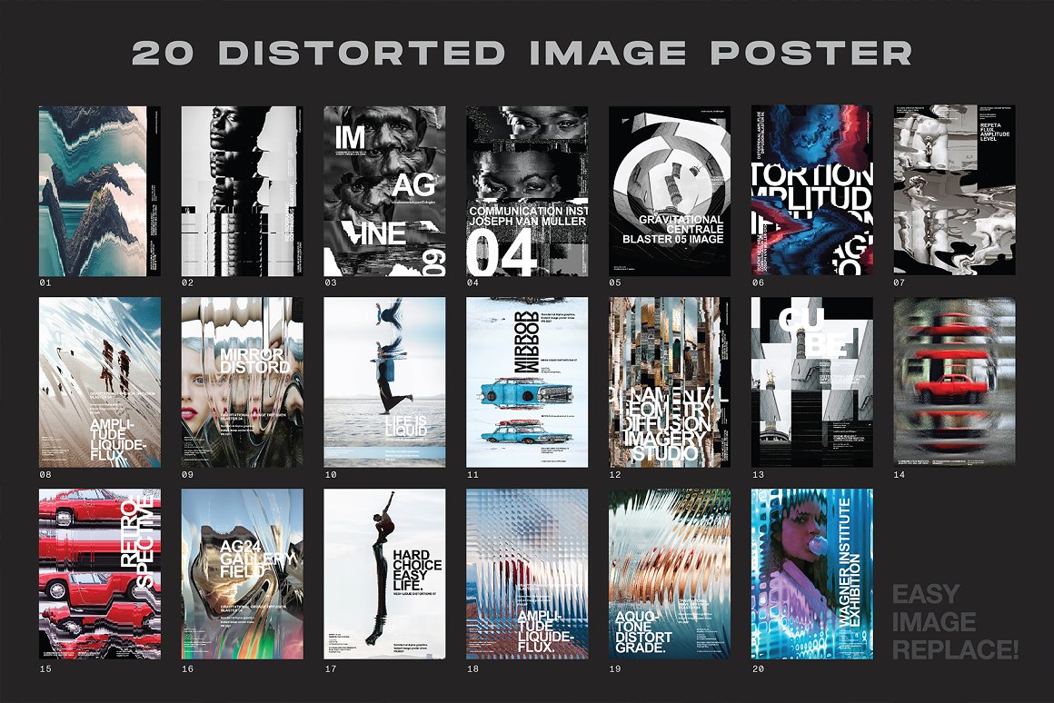 20个抽象扭曲故障主视觉海报图片设计效果PSD样式模板 Evlogiev – Distort Image Poster（7952） -