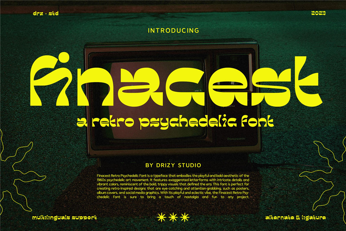 60年代复古迷幻逆反差酸性标题无衬线英文字体设计素材 Finacest – Retro Psychedelic Font（7827） -