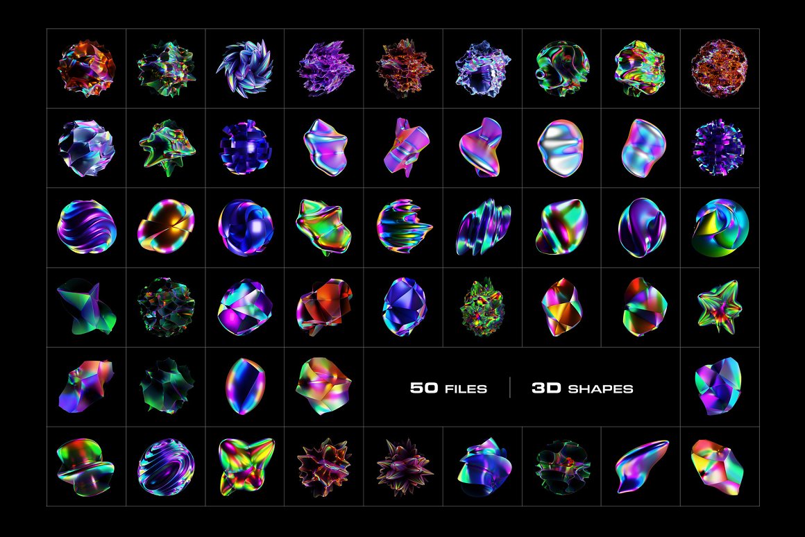 50个大胆全息3D独特抽象创意形状封面海报免扣PNG元素包 Holographic 3D Abstract Shapes（7787） -