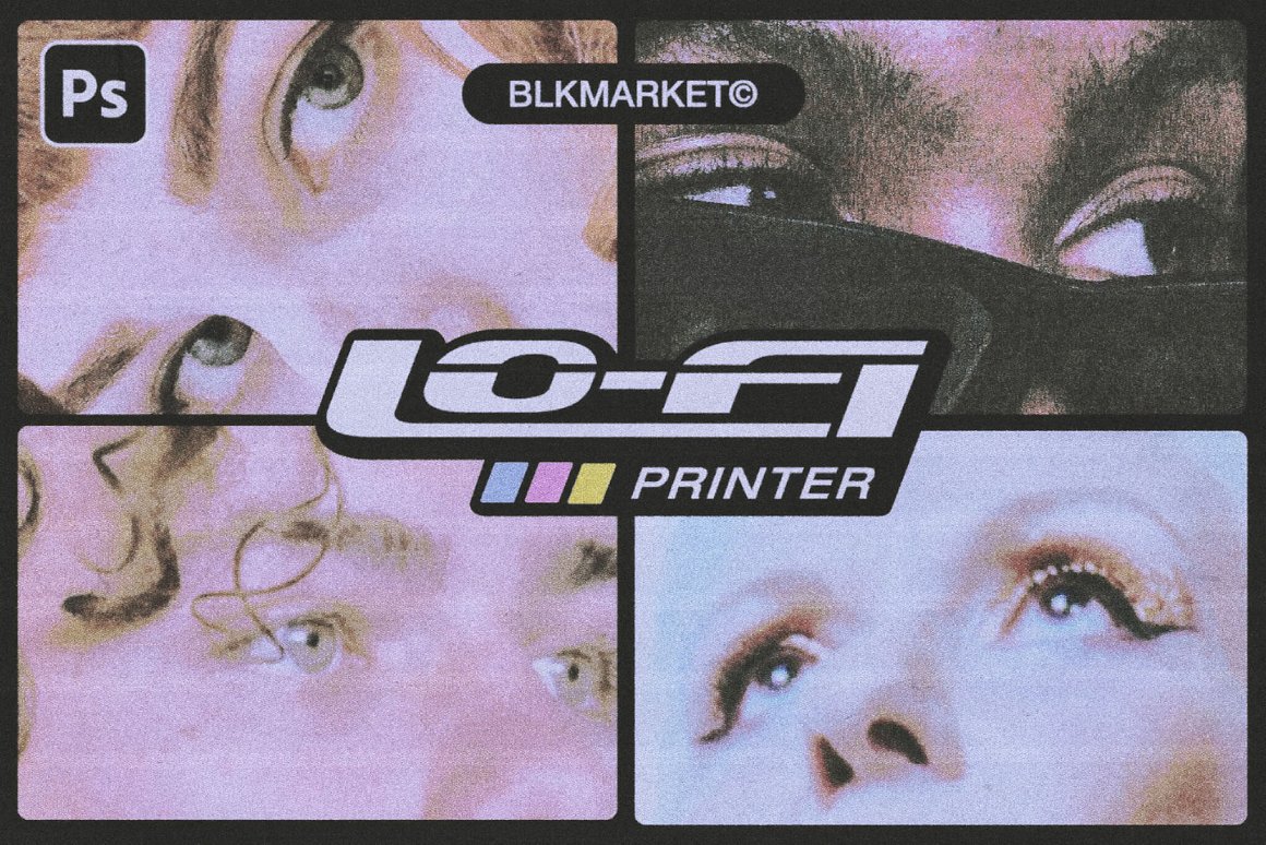 Blkmarket 80年代复古杂志低保真度打印效果套件PSD样机 Lo-Fi Printer（6292） -