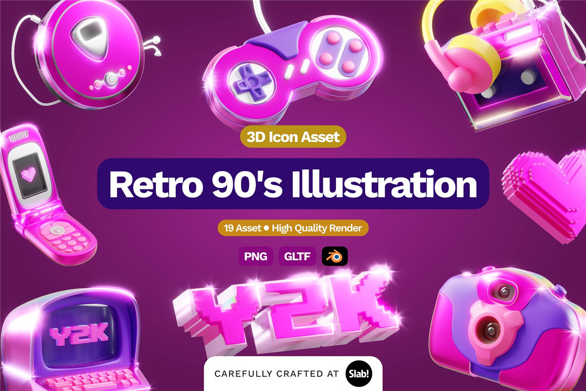 Blender模型：90年代复古粉色Y2K风游戏3D立体插图图标Icons设计素材包 3D Retro 90’s Illustration（8115） -