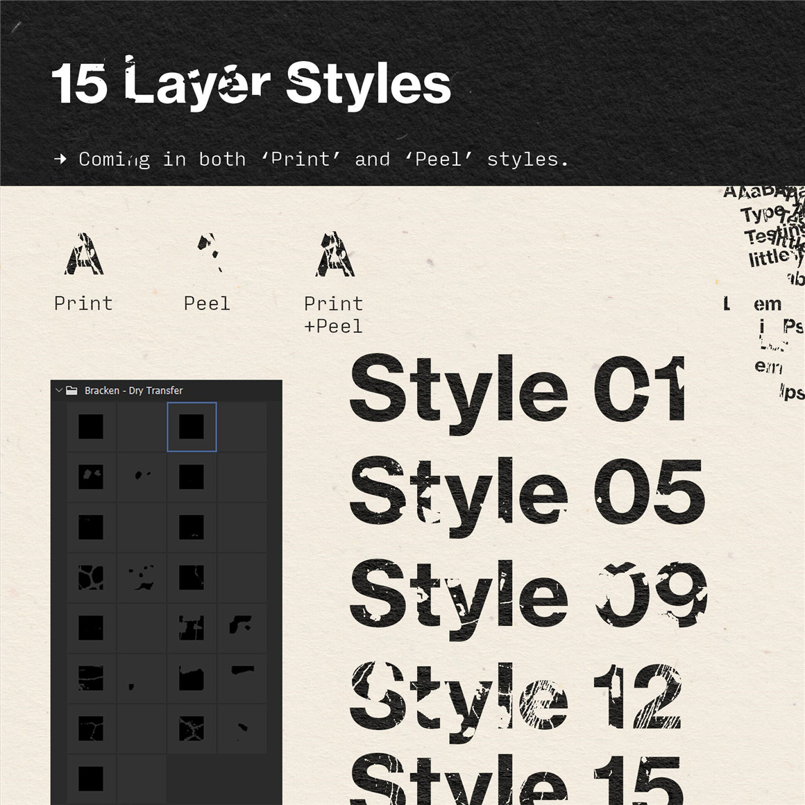 复古纸张裂痕粗糙纹理效果文本标题设计PS图层样式素材包 Bracken – Dry Transfer（8128） -