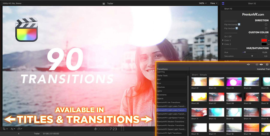FCPX插件：90个真实镜头漏光光效转场过渡动画 Leaks Transitions（8084） -