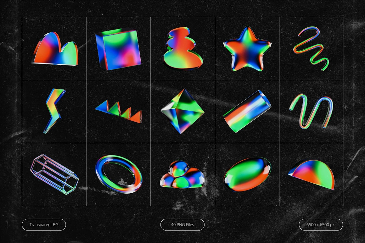 霓虹炫彩玻璃水晶抽象艺术3D立体质感多角度几何图形PS素材 Glassmorphic - 3D Glowy Shapes（8039） -