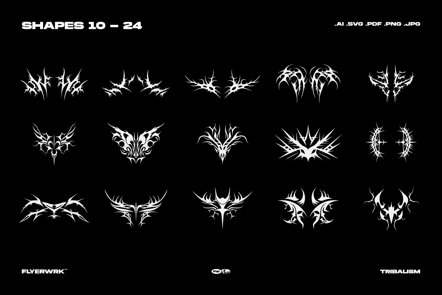FLYERWRK 嘻哈潮流酸性小众镀铬镭射潮牌服饰图腾纹身艺术抽象图形素材合集 Tribalism Vector Shapes（8407） -