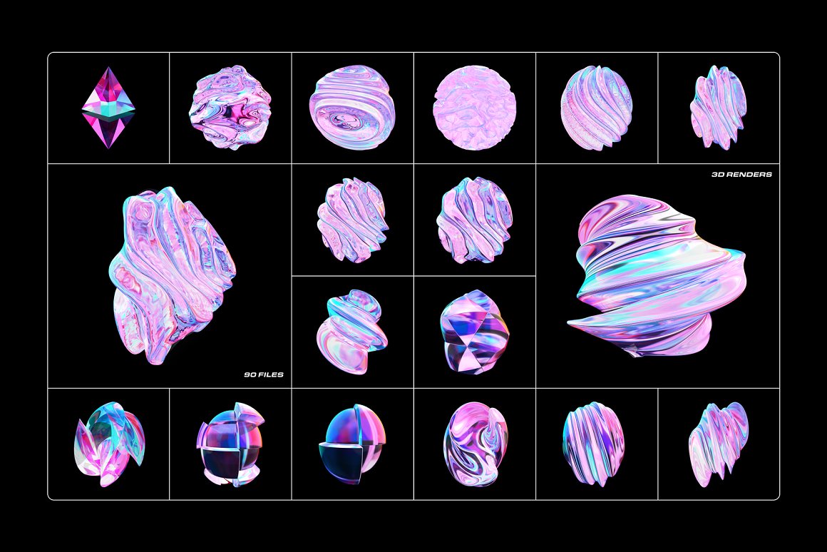 90款全息渐变透明多彩玻璃水晶抽象艺术3D流体几何PNG免抠图设计素材 Fluid Glass 3D Shapes（8877） -
