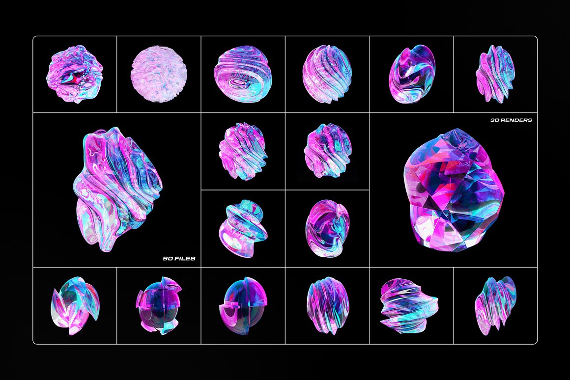 90款全息渐变透明多彩玻璃水晶抽象艺术3D流体几何PNG免抠图设计素材 Fluid Glass 3D Shapes（8877） -