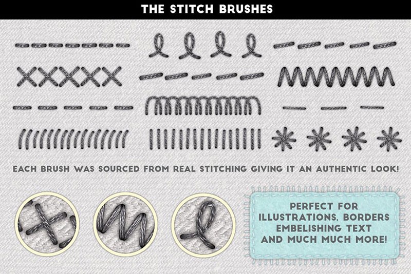 缝纫刺绣纹理效果AI样式和笔刷套装 - 笔刷下载 -