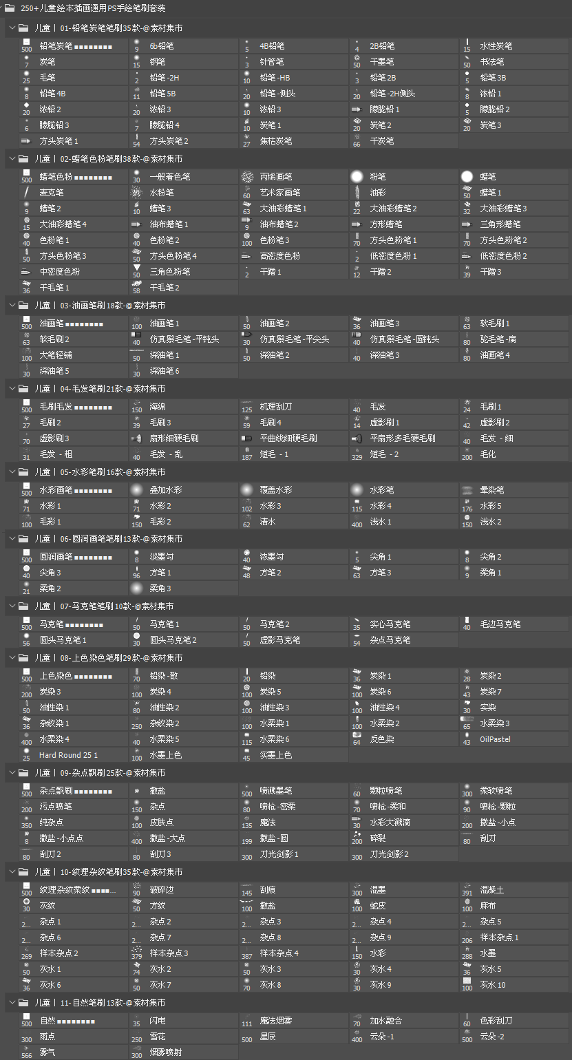 250+儿童绘本插画通用PS手绘笔刷套装 - 笔刷下载 -