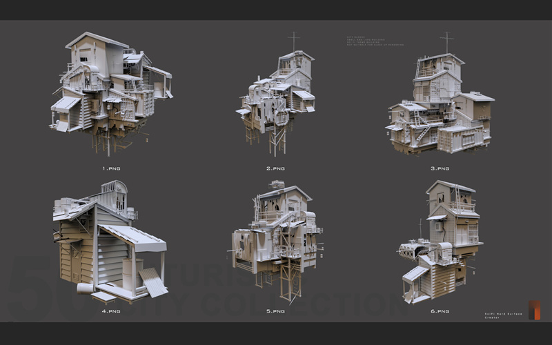 C4D后世界末日建筑物3D模型破旧房屋杂乱建筑集装箱楼房基础白模_