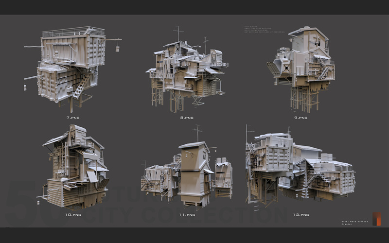 C4D后世界末日建筑物3D模型破旧房屋杂乱建筑集装箱楼房基础白模_