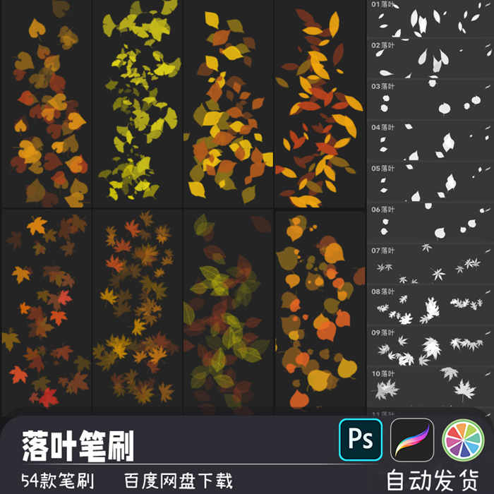 植物风景树叶枫叶银杏叶落叶PS/SAI2笔刷预设procreate画笔素材_