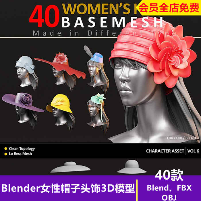 Blender女性帽子头饰3D模型zb帽子模型C4D帽子模型优雅女士帽FBX素材_