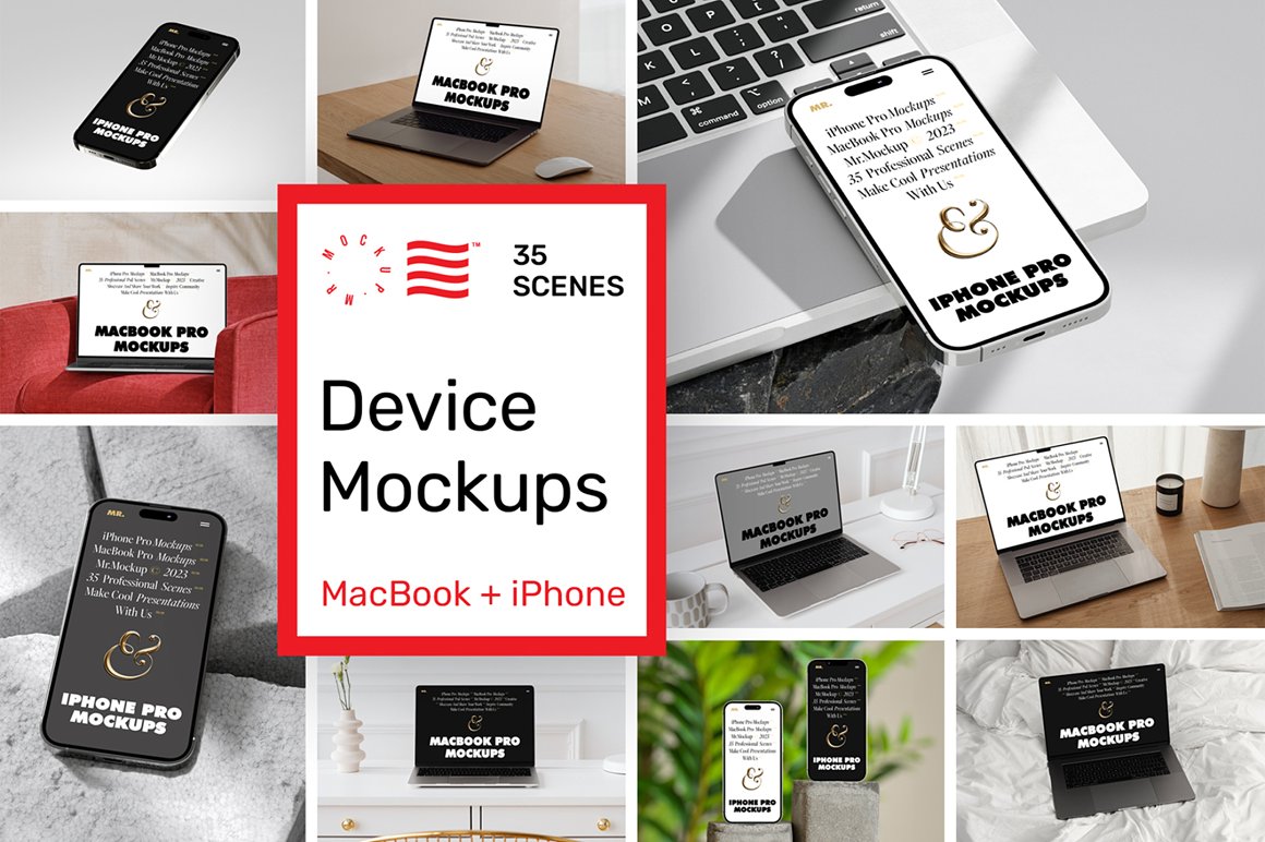 35款高级苹果iPhone 15 Pro手机MacBook笔记本电脑屏幕演示PSD样机模板 Device Mockups – iPhone and MacBook（9126） -