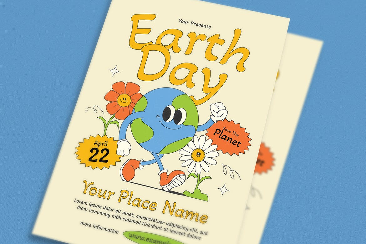 时髦的卡通地球日活动海报设计 Trendy Cartoon Earth Day Event Flyer