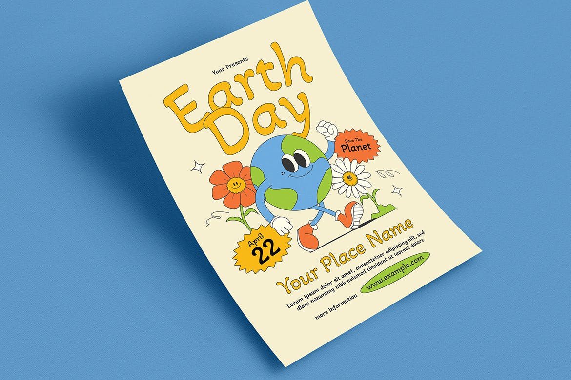 时髦的卡通地球日活动海报设计 Trendy Cartoon Earth Day Event Flyer