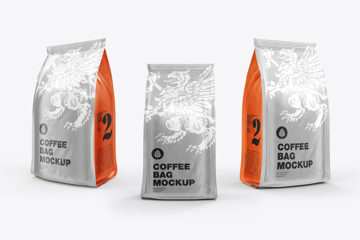 3个箔纸金属咖啡袋包装设计样机图psd模板 Set 3 Metallic Coffee Bags Mockup