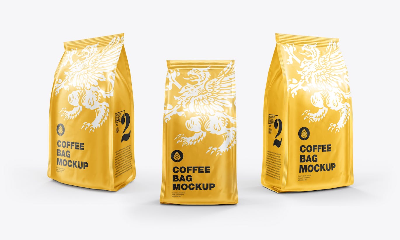 3个箔纸金属咖啡袋包装设计样机图psd模板 Set 3 Metallic Coffee Bags Mockup