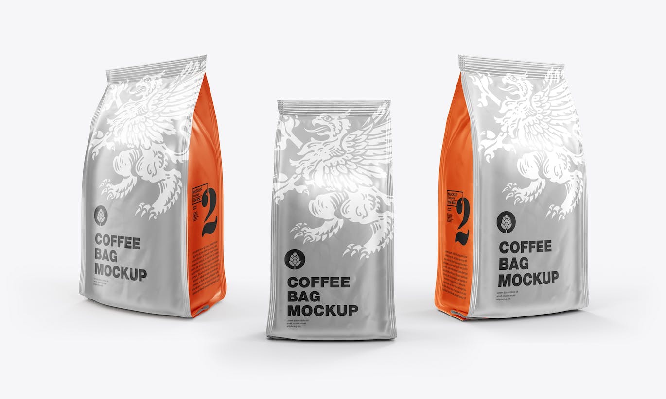 3个箔纸金属咖啡袋包装设计样机图psd模板 Set 3 Metallic Coffee Bags Mockup