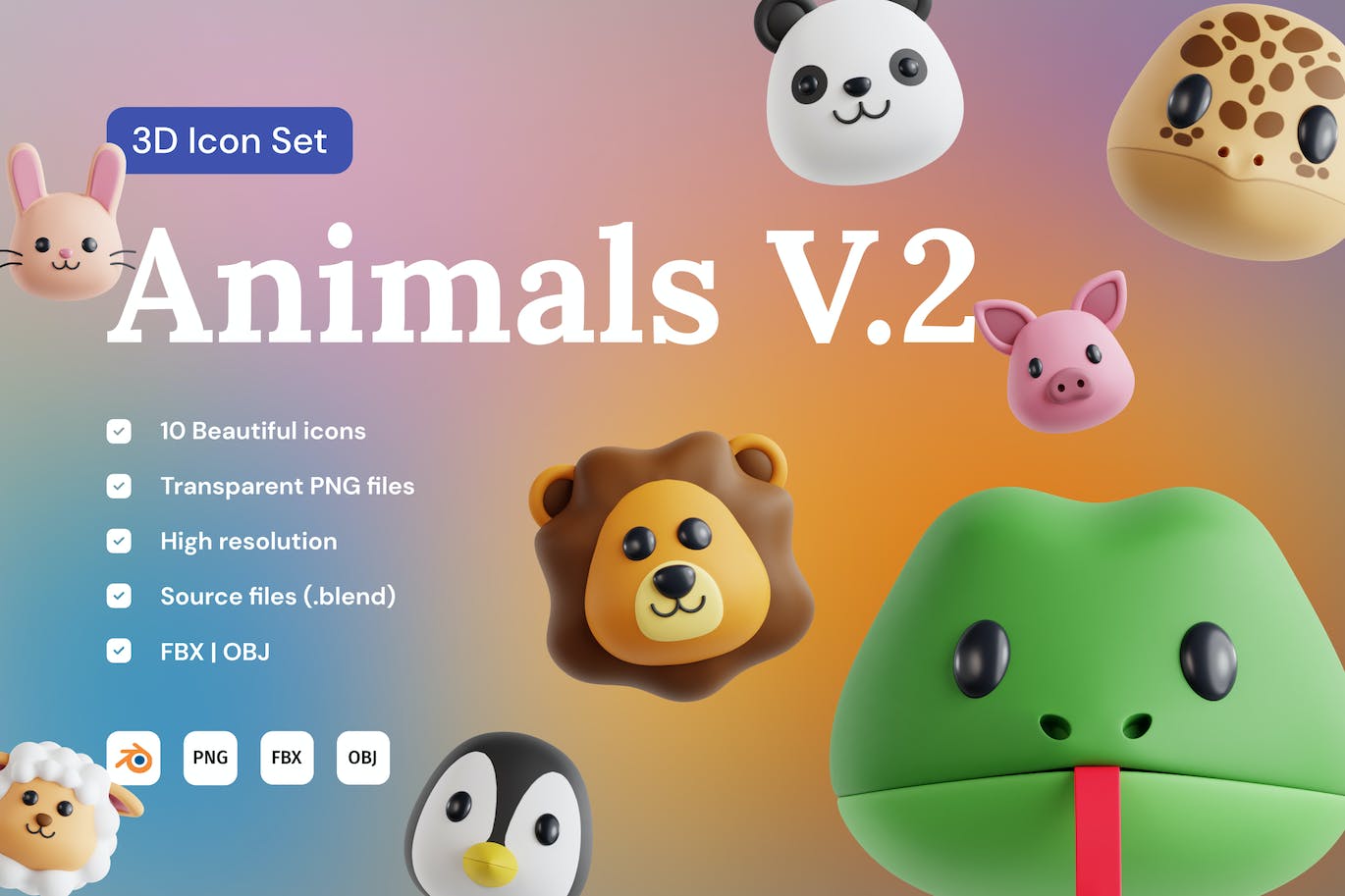 3D动物头像图标集v2 Animals v.2 3D Icon Set