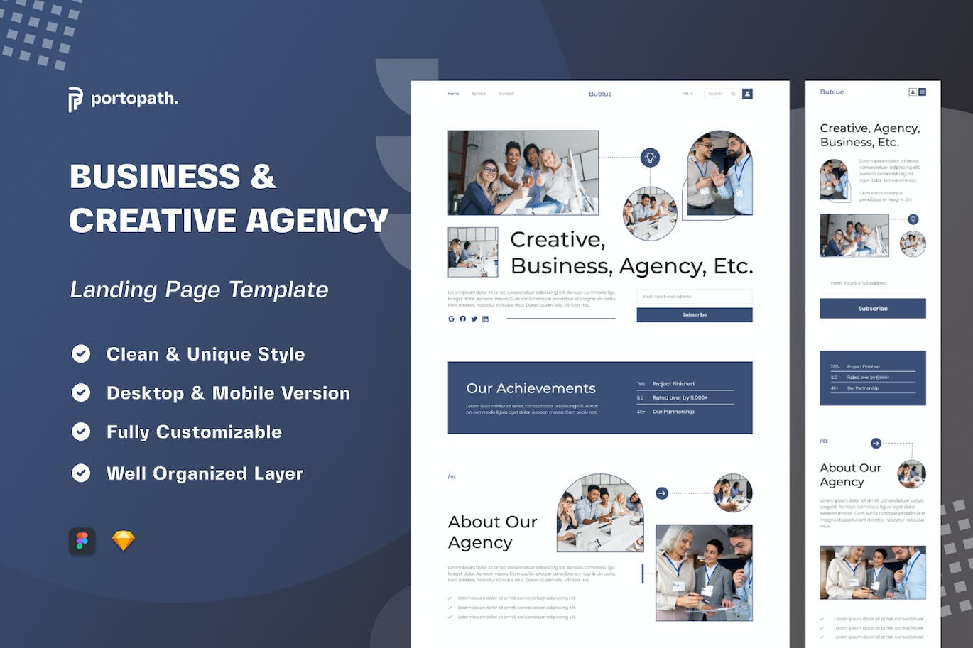 商业&amp;创意机构网站着陆页UI设计模板 Bublue &#8211; Business &amp; Creative Agency Landing Page