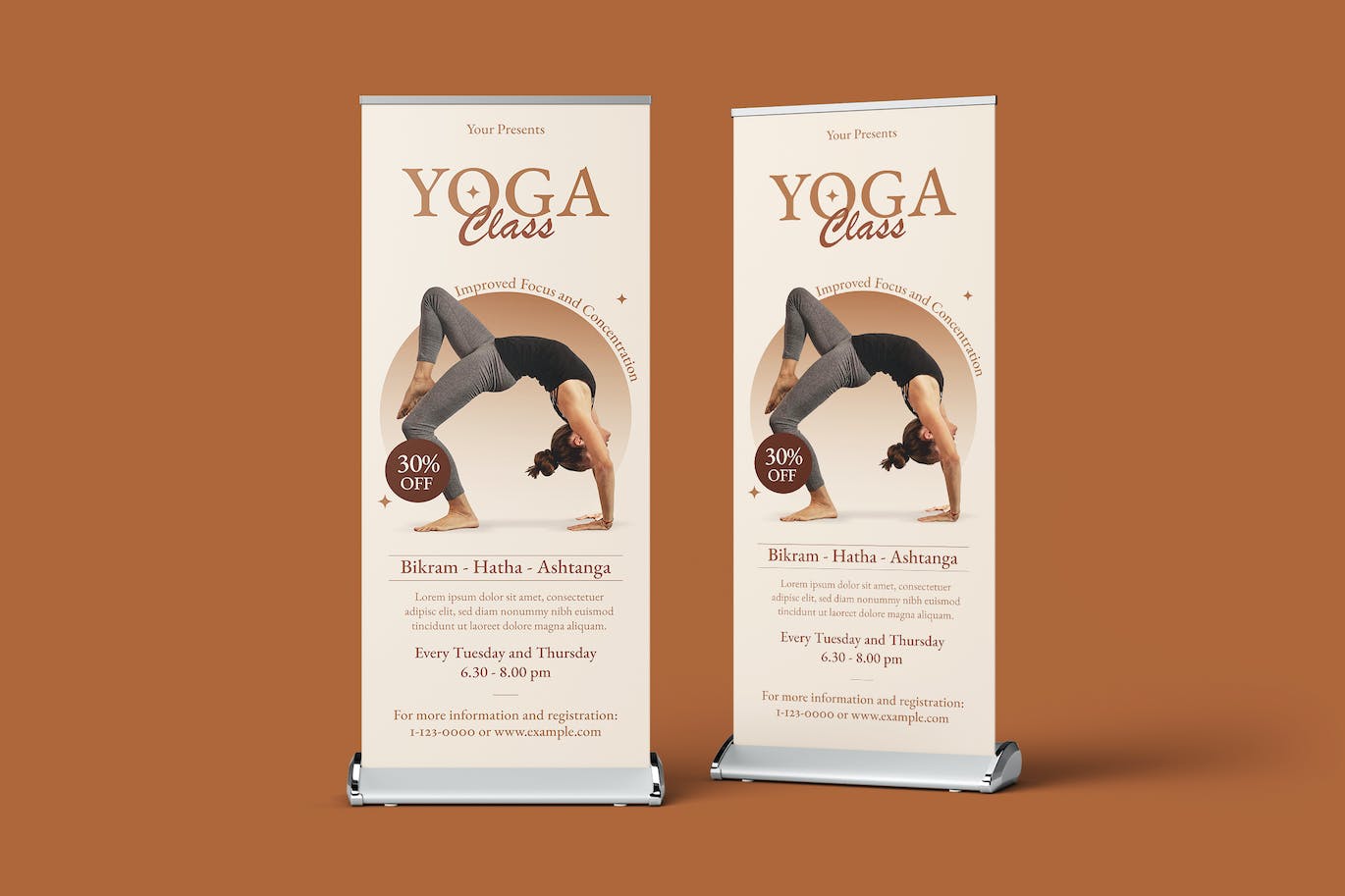 瑜伽健身课程Banner易拉宝设计模板 Power Yoga Fitness Course Roll Up Banner