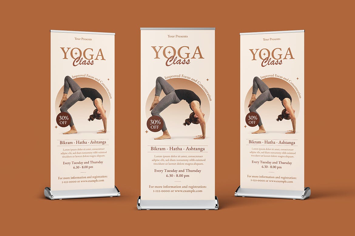 瑜伽健身课程Banner易拉宝设计模板 Power Yoga Fitness Course Roll Up Banner