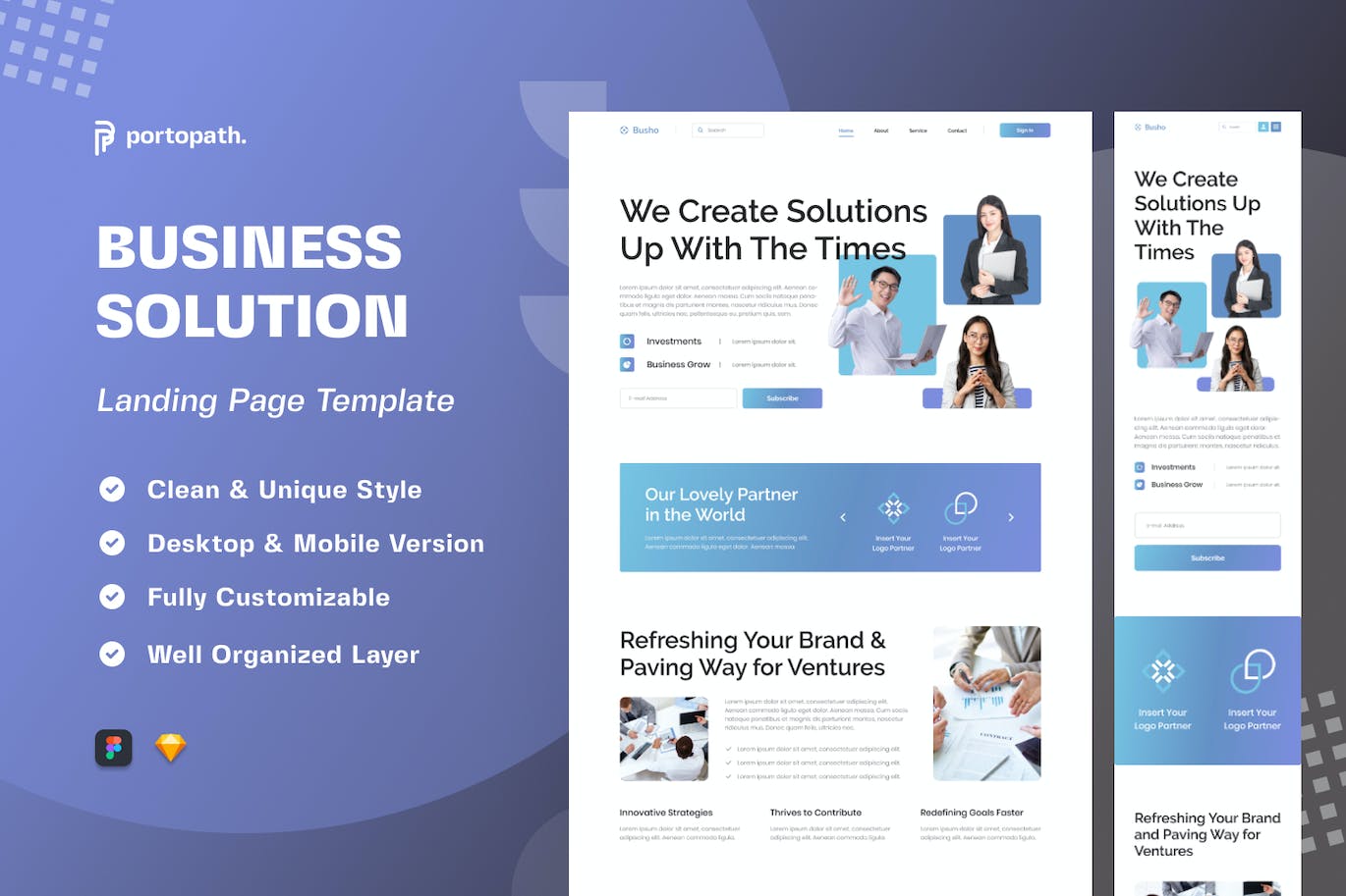 商业解决方案网站着陆页UI设计模板 Busho &#8211; Business Solution Landing Page