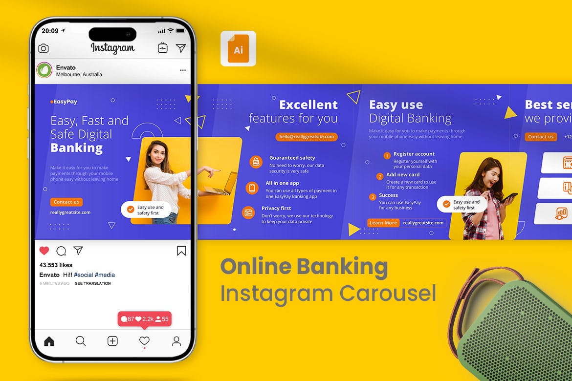 网上银行Instagram轮播图模板 Online Banking Instagram Carousel